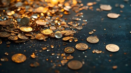Shimmering gold coins scattered across a dark surface creating a visually captivating display of wealth prosperity and financial abundance