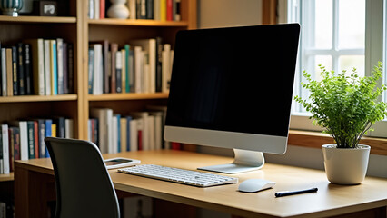 A clean and organized home office corner with a bookshelf, desk, and a plant.