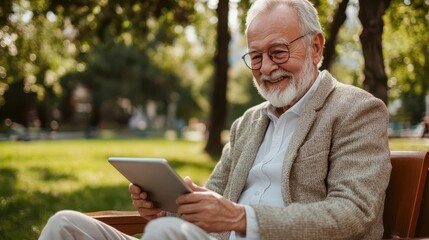 Obraz premium An older man is sitting on a bench and smiling while holding a tablet