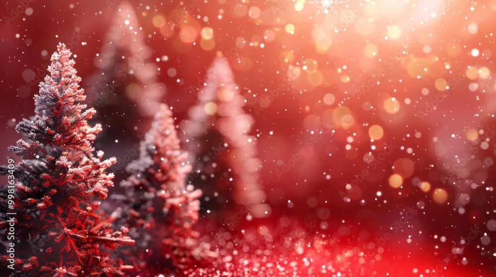 Poster a red background with snow falling on three trees