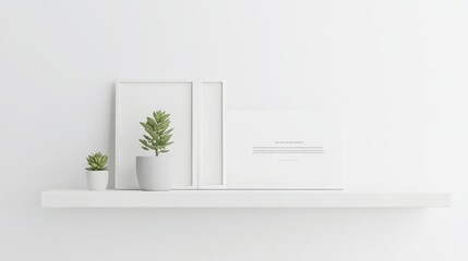 Fototapeta premium A minimalist white shelf with a single framed quote and a small succulent plant.