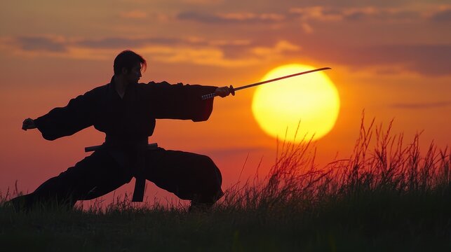 A man in a black karate uniform is practicing his sword skills in front of a set
