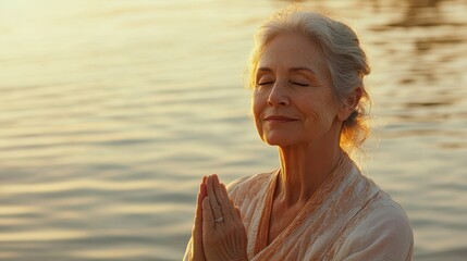 A woman is sitting by the water and praying