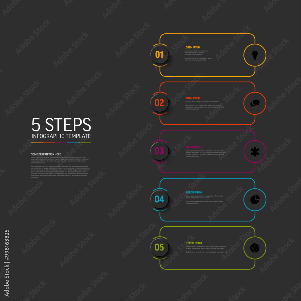 Poster vector dark infographic template with gray rounded cards colorful border and big numbers in circle e