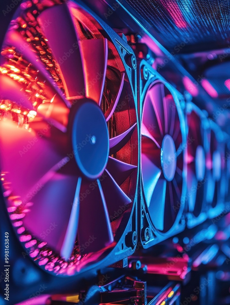 Poster a close up of a computer fan with a purple and red color scheme