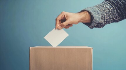 Man putting ballot into voting box on blue background, Elections voting, hand dropping vote