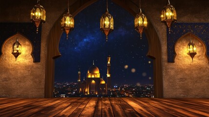 Obraz premium Nighttime View of Mosque through an Archway