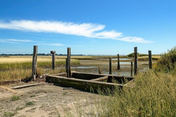 A serene coastal view of an abandoned dock at low tide surrounded by lush grasses under a bright blue sky