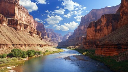 A panoramic view of a river cutting through the Grand Canyon, with steep cliffs on either side.