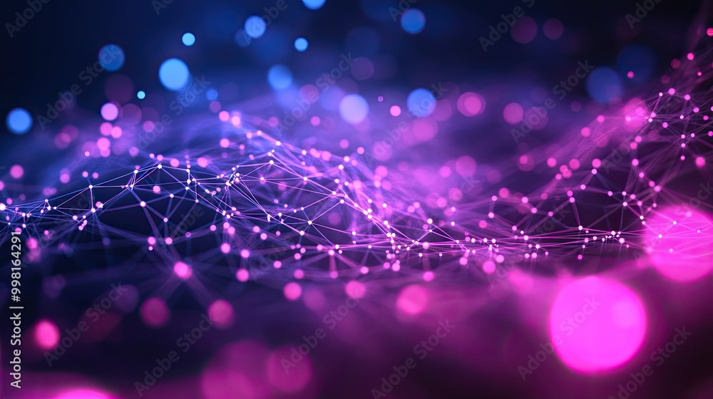 Poster a glowing network of connected nodes and sleek lines on a dark, abstract background, ideal for creat