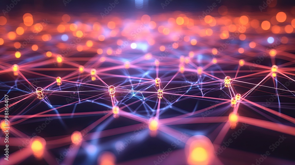 Poster a glowing web of interconnected nodes and lines, forming a high-tech network design with a futuristi