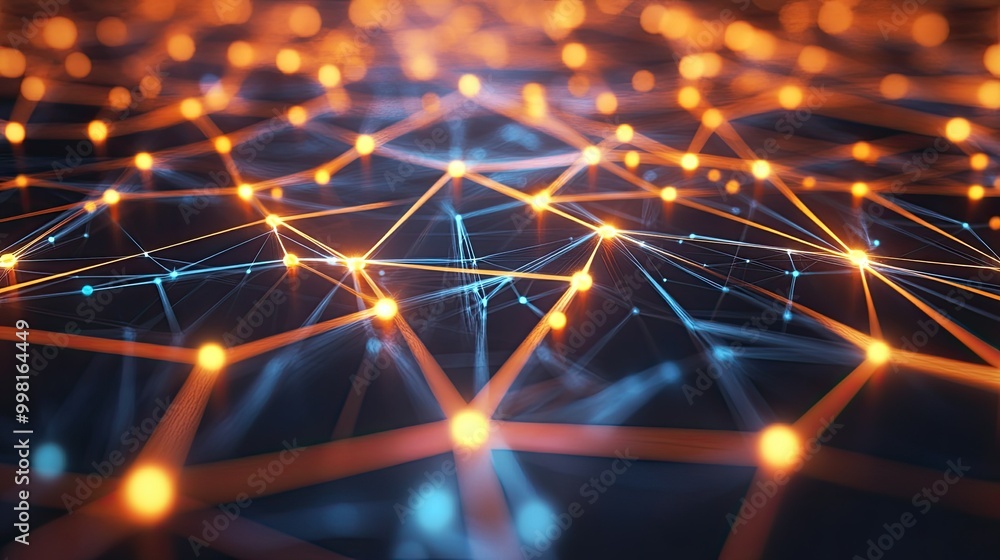 Poster a glowing web of interconnected nodes and lines, forming a high-tech network design with a futuristi