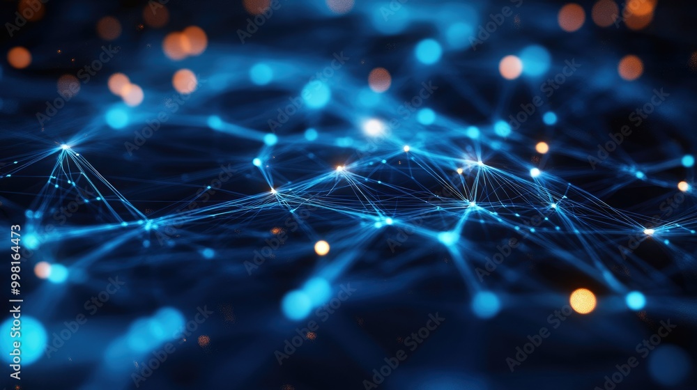 Poster a glowing web of interconnected nodes and lines, forming a high-tech network design with a futuristi