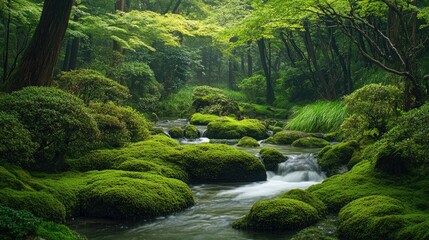 Fototapeta premium A lush valley scene of Mt. Mitakeaes Rock Garden, featuring vibrant green moss, smooth flowing water, and dense forest in the peaceful setting of Ome, Tokyo.