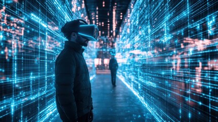 Obraz premium A man wearing a virtual reality headset stands in a tunnel of blue lights