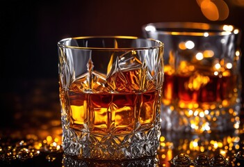 close shot whiskey glass vibrant lighting emphasizing rich color textural details, texture, drink, alcohol, beverage, amber, reflection, clarity, liquid