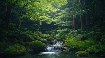 Obraz premium A lush valley scene of Mt. Mitakeaes Rock Garden, featuring vibrant green moss, smooth flowing water, and dense forest in the peaceful setting of Ome, Tokyo.
