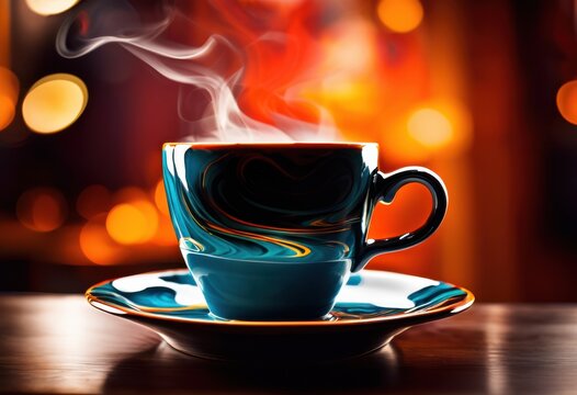 simple coffee cup emitting steam set creative colorful imaginative background, brew, beverage, drink, hot, aroma, ceramic, table, espresso, morning, mug