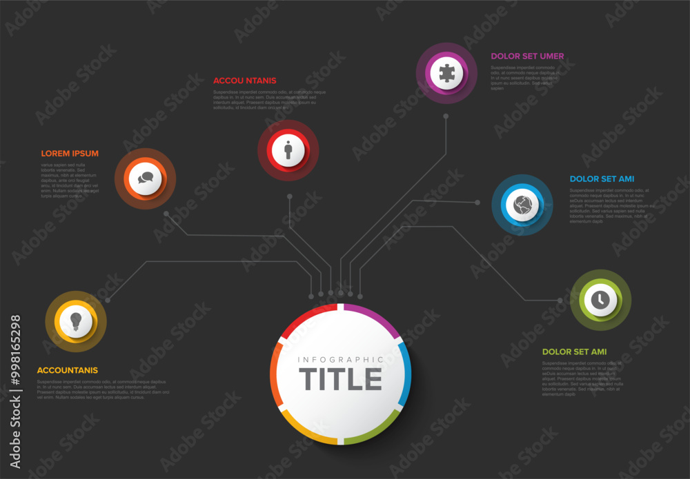 Poster simple colorful circular infographic design template with six element and big circle with title on t