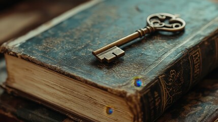 A key is laying on top of an old book