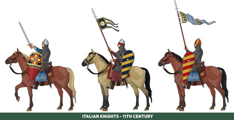 Set of Three Early Medieval Knights on Horseback in Armour and with Various Weapons, Illustration Isolated on Transparent Background, EPS 10 Vector