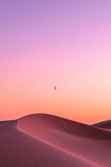 Dunes glow softly in the desert under sunset light with the moon visible