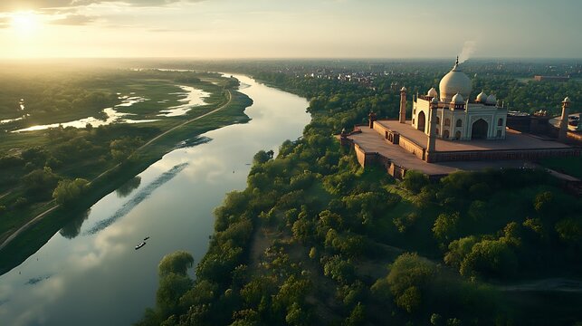 Aerial View of the Taj Mahal at Sunrise with River Yamuna
