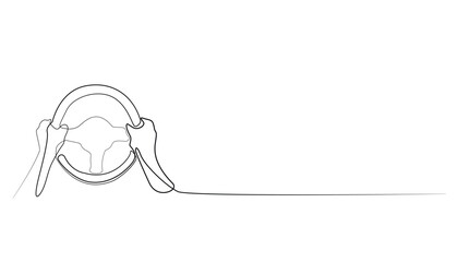 vector continuous line of hand holding a car steering wheel.one line drawing of car driving activity.hand drawn vector illustration