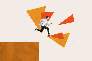Composite trend artwork sketch image collage of miniature young guy run platform climb up element...