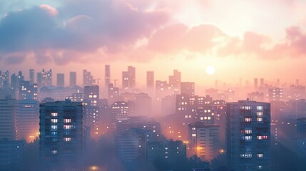 Obraz premium Cityscape at sunset, with soft pastel buildings, gentle street lights, and a serene, picturesque atmosphere.