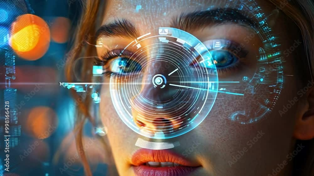 Poster A young woman gazes into a virtual interface, surrounded by dynamic symbols and lights, exploring augmented reality's potential in a high-tech environment.