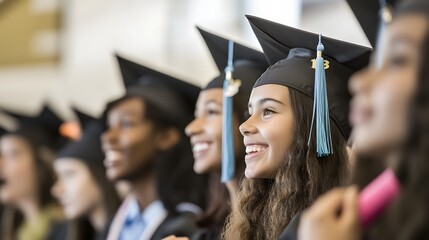 A diverse group of graduates smiles as they look towards a bright future.