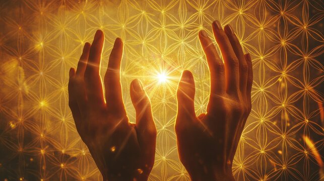 Spiritual hands with shining star between against a golden Flower of Life backdrop for a holistic healing theme.