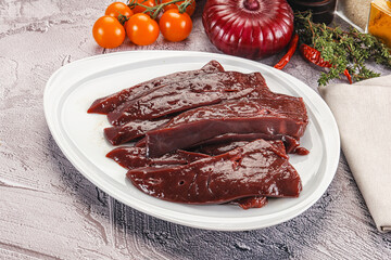 Raw beef liver slices for cooking