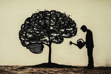 Nurturing Knowledge: Silhouette of a Man Watering a Brain-Shaped Tree for Growth and Creativity