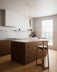 A beautifully designed modern minimalist kitchen interior with stunning wooden elements