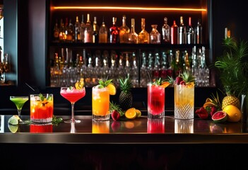 colorful vibrant drinks displayed sleek modern bar surface elegant glassware decorative garnishes, beverages, cocktails, stylish, decoration, ice