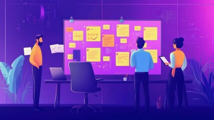Team with sticky notes in front of scrum board during development. Concept Scrum Board, Sticky Notes, Team Collaboration, Development Process, Software Development