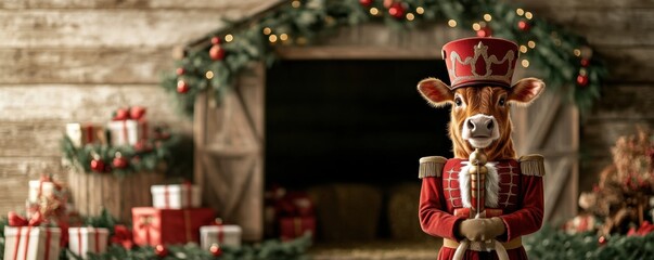 Naklejka premium A charming holiday scene featuring a decorated cow figure in a royal outfit against a festive backdrop with gifts and greenery.