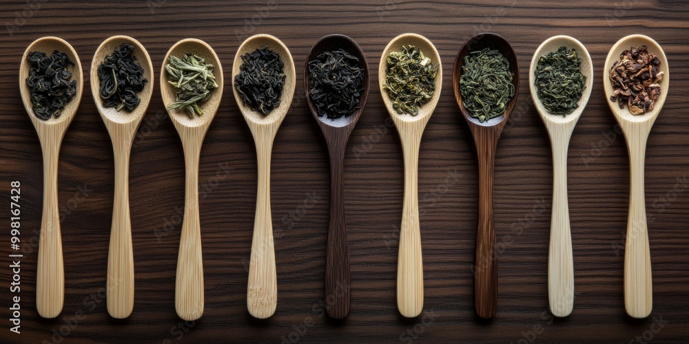 Poster a beautiful array of wooden spoons each filled with different types of tea leaves. displayed on a da