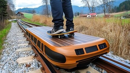 Skateboarding on a Wooden Train on Train Tracks in the Mountains