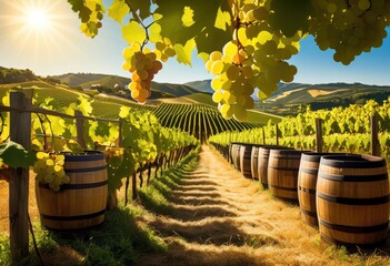 vibrant vineyard landscape featuring abundant lush rustic storage barrels under clear blue sky, bottles, countryside, cultivation, crop, estate, farmers