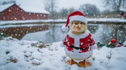 Fototapeta premium A festive duck wearing a Santa hat and coat stands snowy by a pond, embodying the joyful spirit of the winter season.