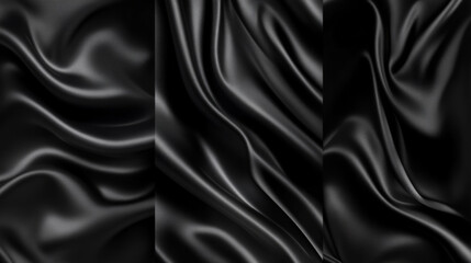Obraz premium A processed collage showcasing the smooth, elegant wavy texture of deep black silk cloth fabric. This background is suitable for banners, backdrops, or as a texture for 3D mapping.
