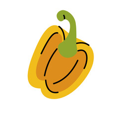 Half yellow bell pepper with seeds and stem, hand drawn doodle style