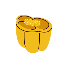 Hand drawn detailed illustration of  yellow bell pepper half showing seeds