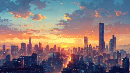 Naklejka premium City skyline at sunset with dramatic clouds and vibrant colors.