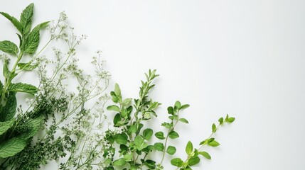 Obraz premium Sprigs of Fresh Herbs and Delicate White Flowers on a White Background