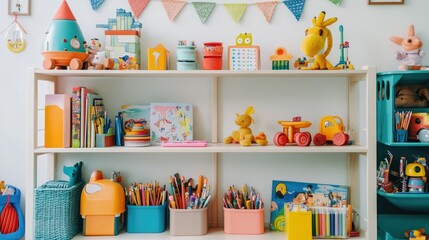 A shelf in a chils room with a collection of toys, books, and art supplies arranged neatly.