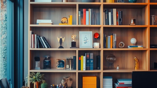 A shelf in a chils room with a collection of toys, books, and art supplies arranged neatly.